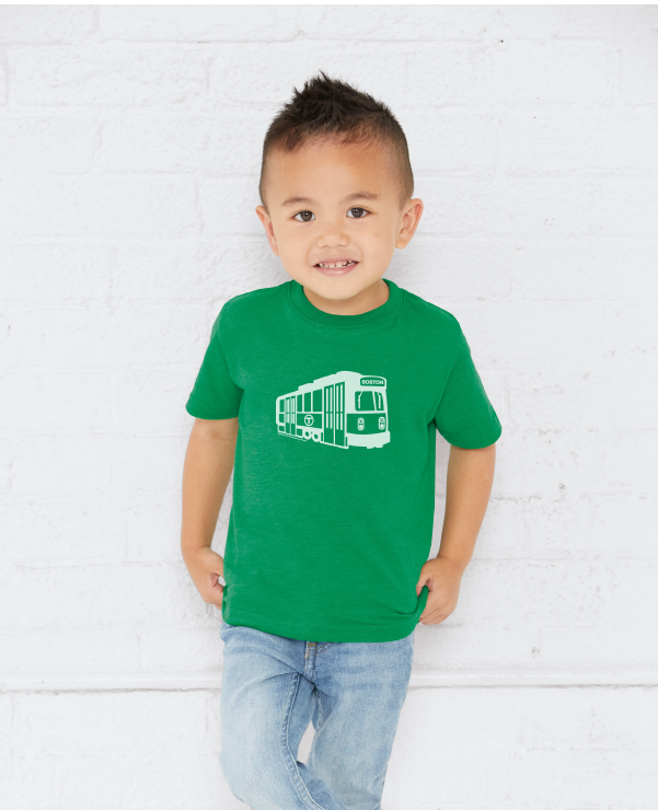 Toddler boy wearing vintage green Boston Trolley T-shirt